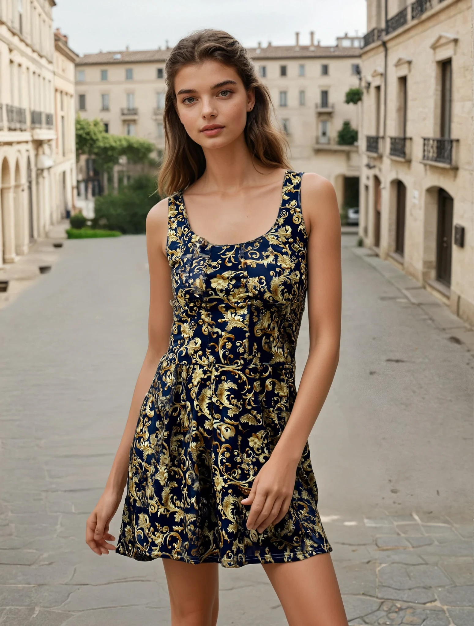 Navy Blue Baroque Skater Dress | Gold Pattern Elegant Fit &amp; Flare Dress | Vintage Chic Evening Dress | Luxury Feminine Fashion Outfit