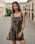 Navy Blue Baroque Skater Dress | Gold Pattern Elegant Fit & Flare Dress | Vintage Chic Evening Dress | Luxury Feminine Fashion Outfit